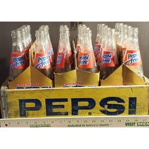 Vintage 1975 Pepsi crate filled with Pepsi free 16oz clear glass bottles with...